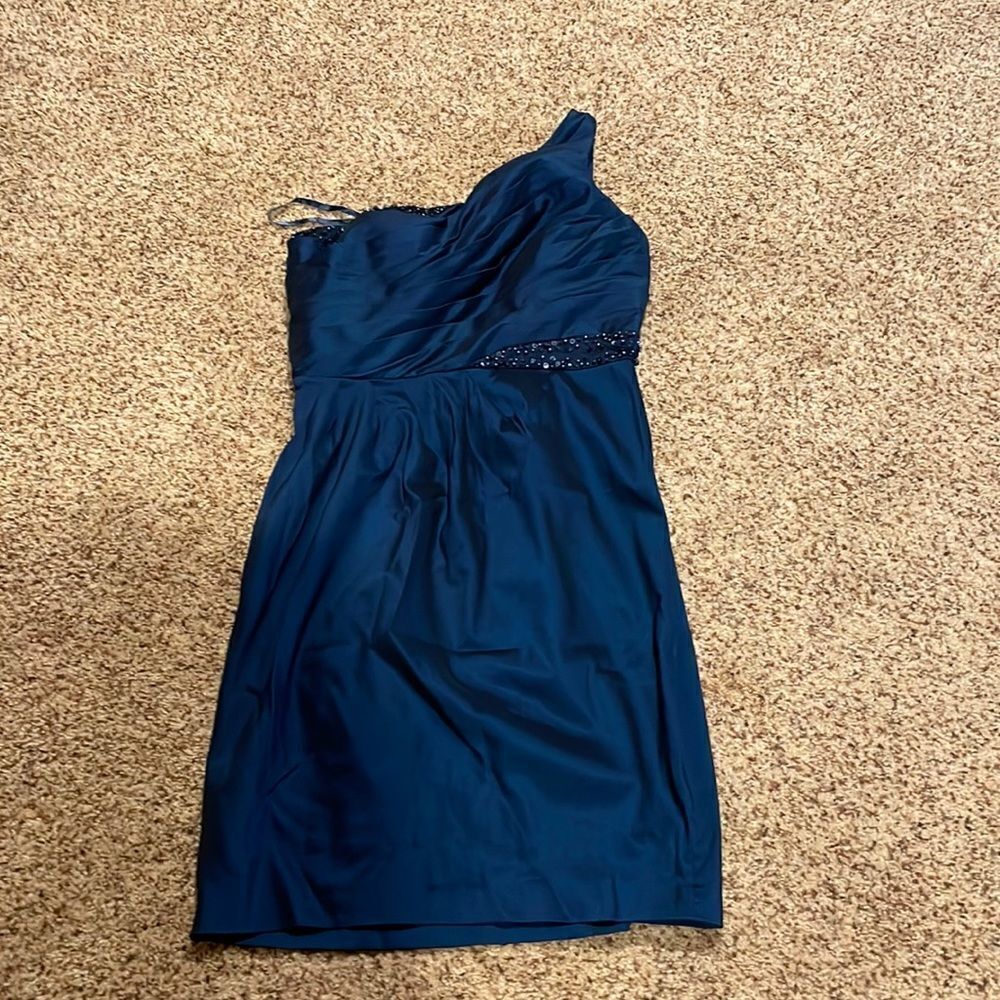 Mardigras gown Adrianna Papell one strap teal blue dress